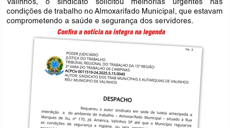 Justiça manda regularizar condições do Almoxarifado Municipal em Valinhos